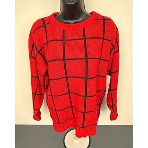 Michelle Stuart Women's Grid Pattern Retro Pullover Sweater Red Medium USA Made